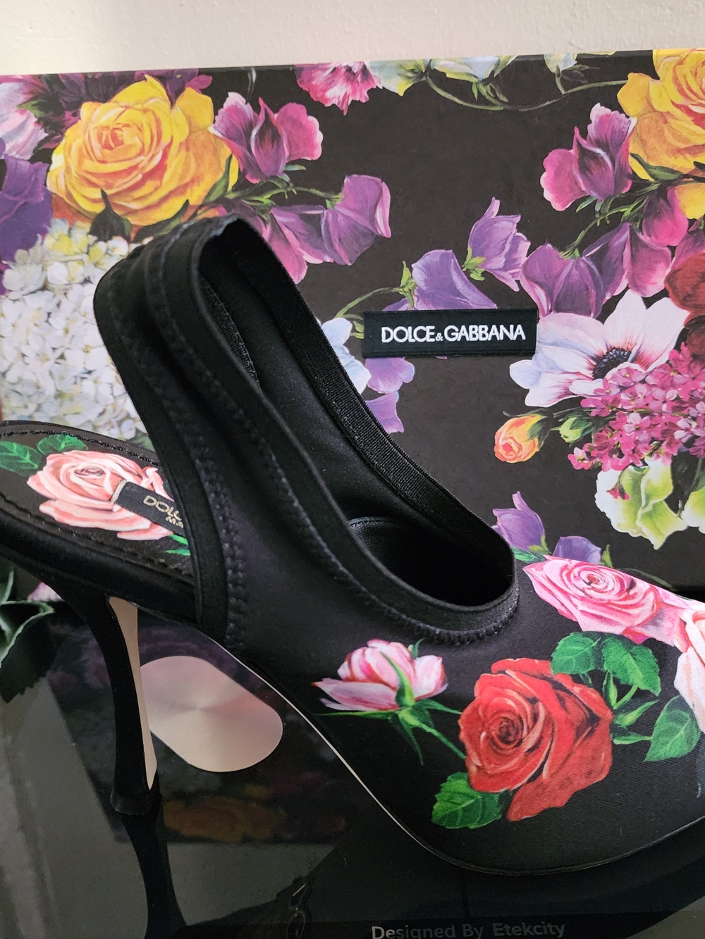 ‼️ON SALE‼️ New Dolce & Gabbana Black Slingback Pumps with Pink & Red Rose Print - Picture 7 of 13